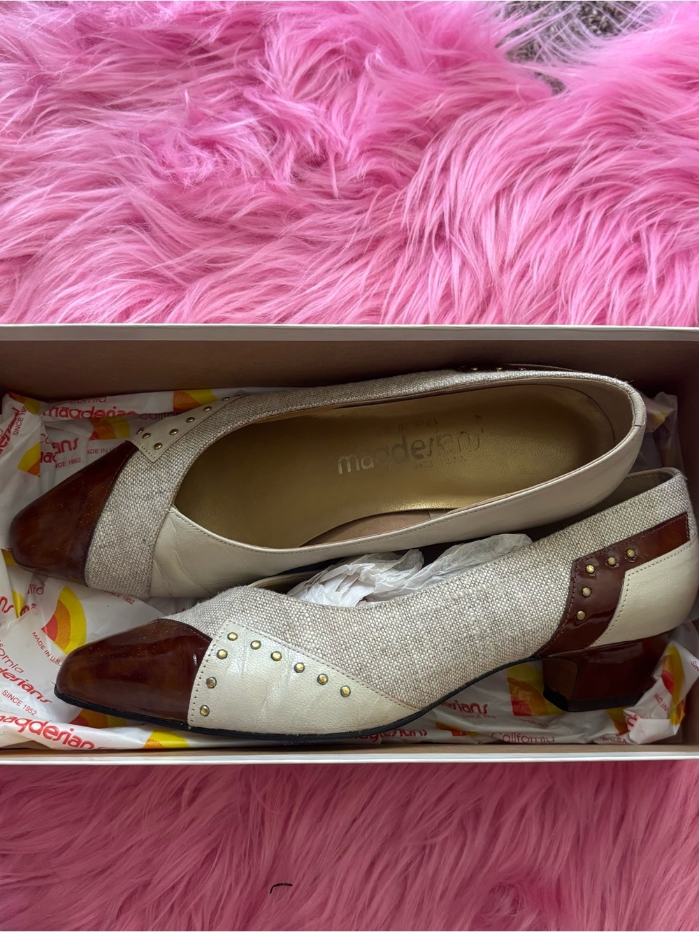 Vintage California Magdesians Sammy Tortoise Cap Toe Leather Linen Pumps 7.5M